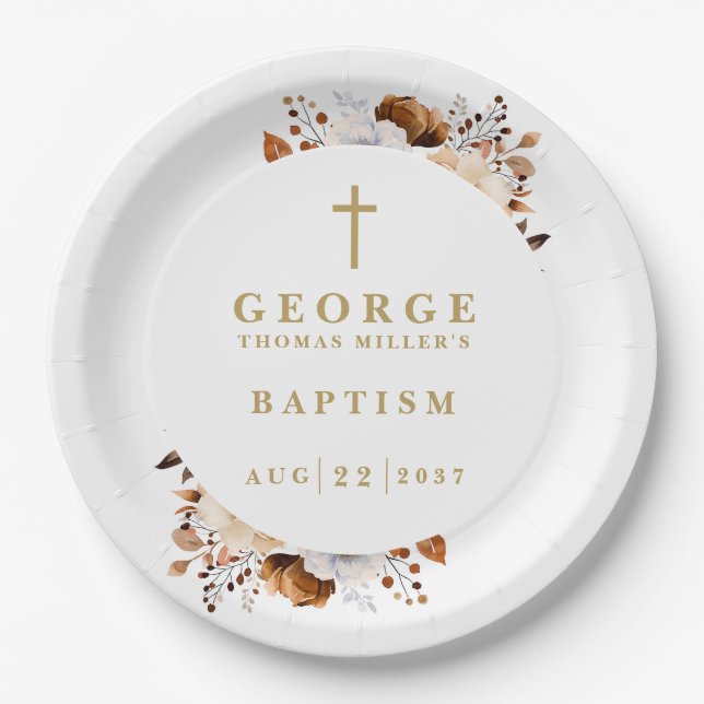 Modern Terracotta Rustic Fall Floral Baptism Paper Plates (Front)
