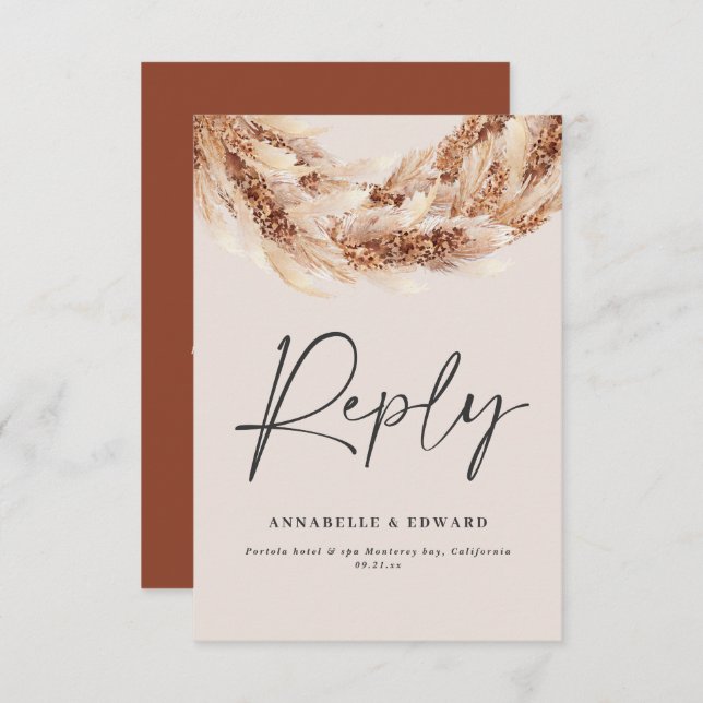 Modern terracotta rustic pampas grass wedding RSVP (Front/Back)