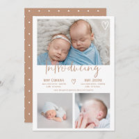 Modern terracotta script 3 photo baby twins birth announcement