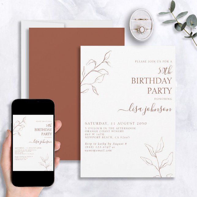 Modern Terracotta Script Botanical 50th Birthday Invitation (Creator Uploaded)