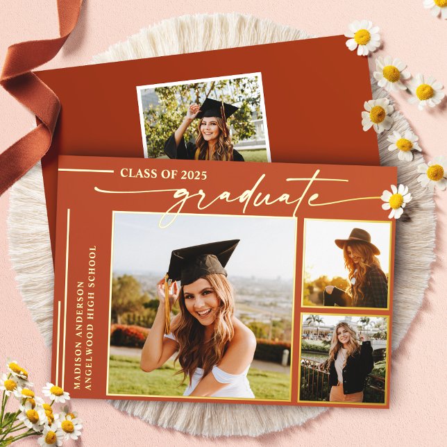 Modern Terracotta Script Graduate Photo Graduation Foil Invitation (Creator Uploaded)