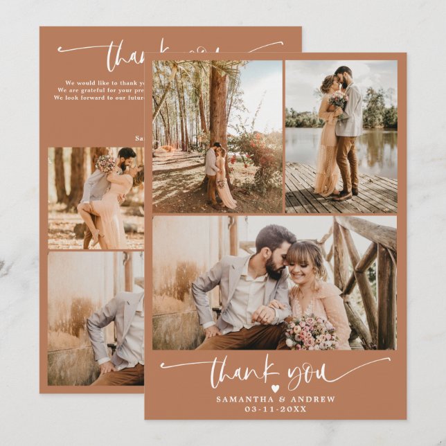 Modern terracotta script heart 6 photos wedding thank you card (Front/Back)