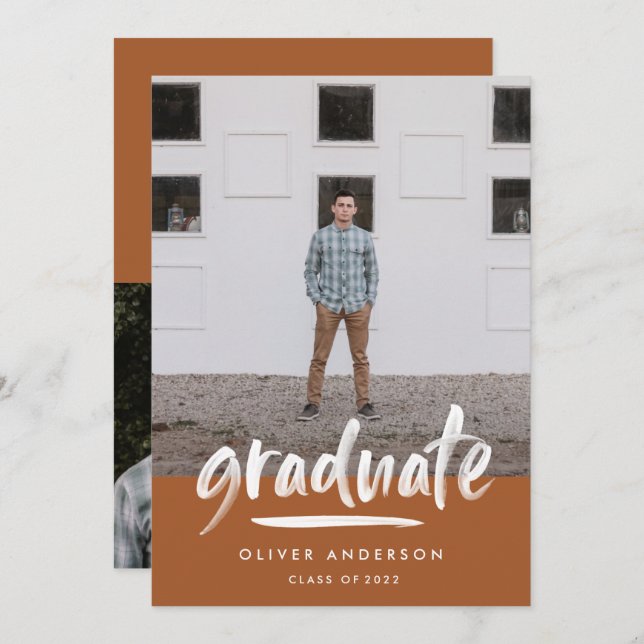Modern terracotta script multi photo graduation invitation (Front/Back)