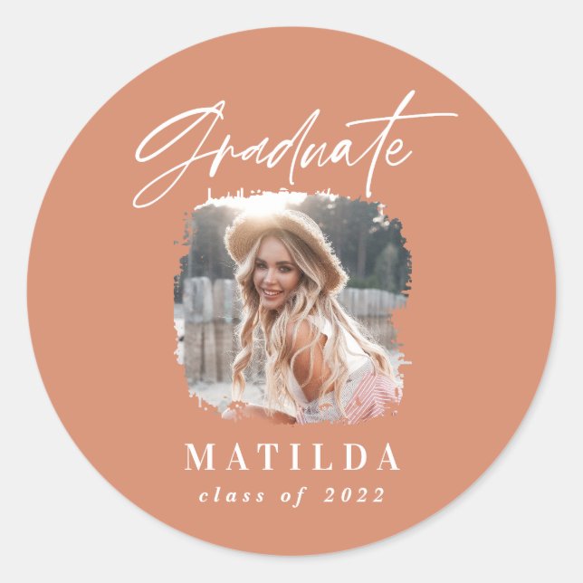 Modern terracotta script photo elegant graduation classic round sticker (Front)