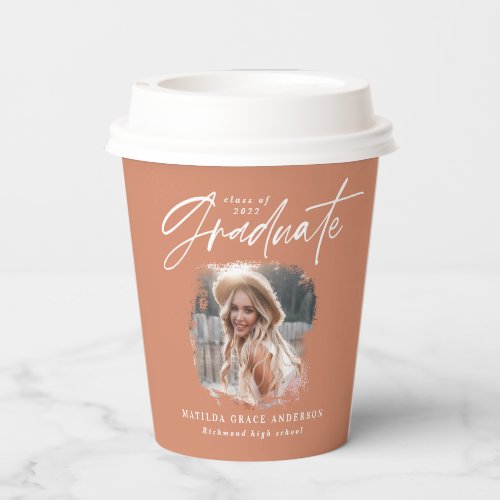 Modern terracotta script photo elegant graduation paper cups