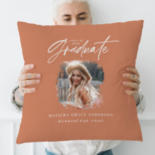 Modern terracotta script photo elegant graduation throw pillow