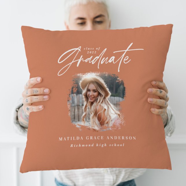 Modern terracotta script photo elegant graduation throw pillow (Creator Uploaded)