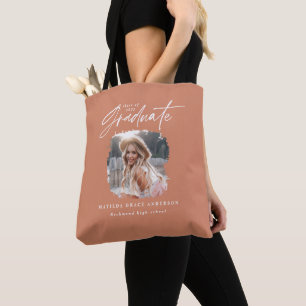 Modern terracotta script photo elegant graduation tote bag