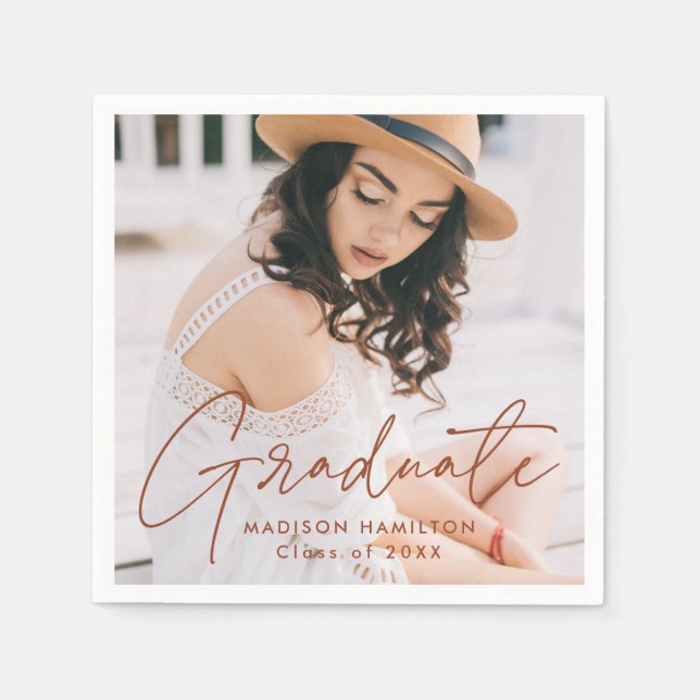 Modern Terracotta Script Photo Graduation Napkins (Front)