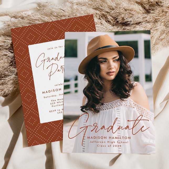 Modern Terracotta Script Photo Graduation Party Invitation (Creator Uploaded)