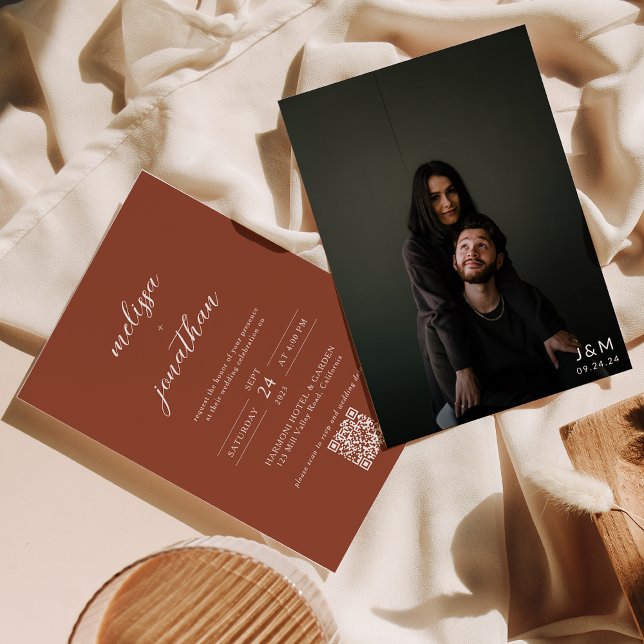 Modern Terracotta Script Photo QR code Wedding Invitation (Creator Uploaded)