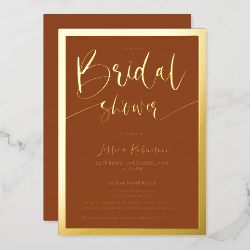 Modern terracotta script trendy bridal shower foil invitation