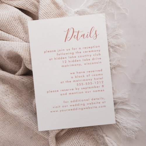 Modern Terracotta Script Wedding Details Enclosure Card