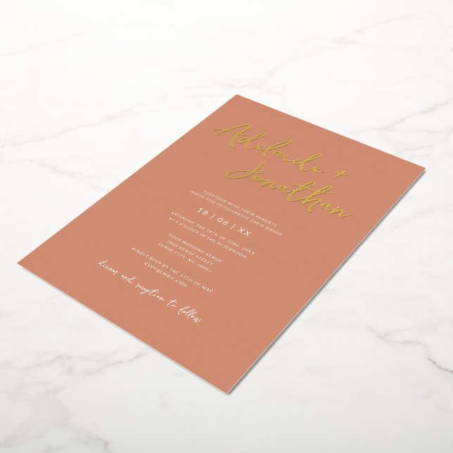 Modern Terracotta Simple Wedding Gold Lettering Foil Invitation (Rotated)