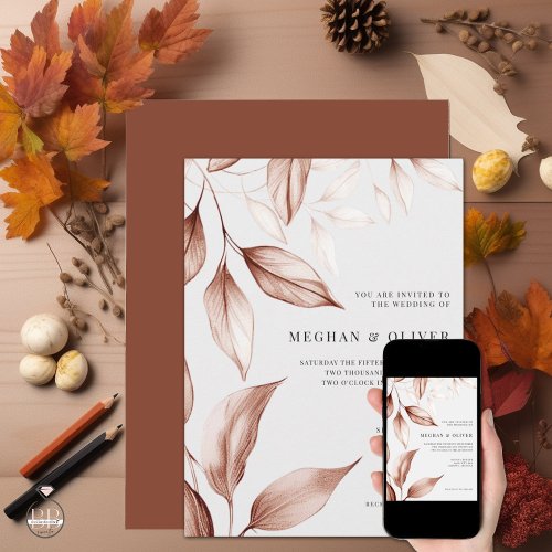 Modern Terracotta Sketched Leafy Foliage  Invitation