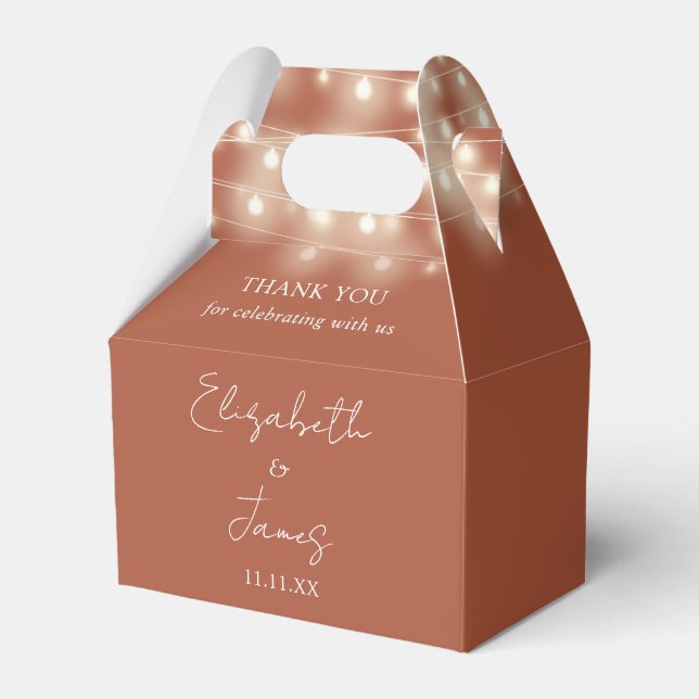 Modern Terracotta String Lights Wedding Thank You Favor Boxes (Front Side)