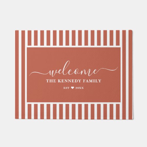 Modern Terracotta Striped Family Name Welcome Doormat