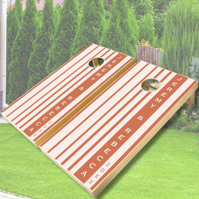 Modern Terracotta Stripes Bride and Groom Wedding Cornhole Set (Modern Orange Stripes Bride and Groom Wedding Cornhole Set)