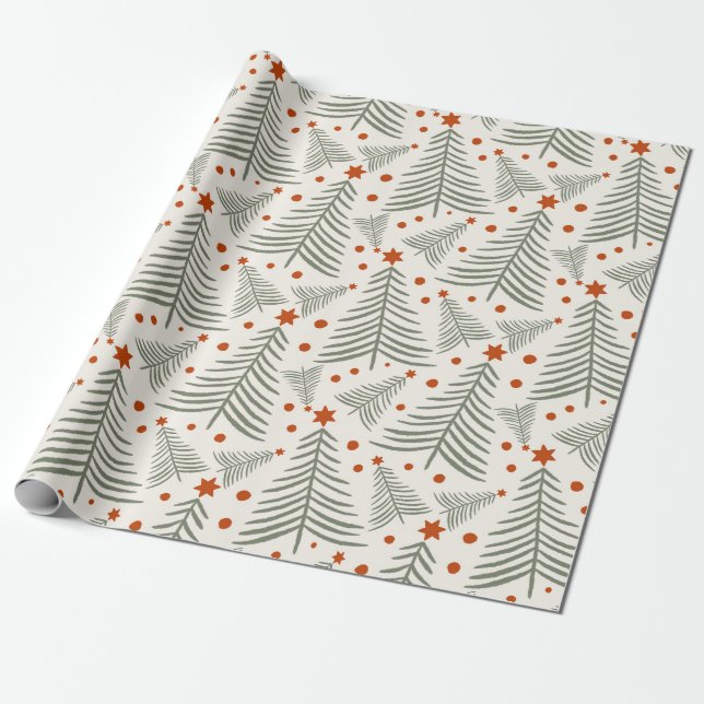 Modern Terracotta Tree and Star Christmas  Wrapping Paper (Unrolled)