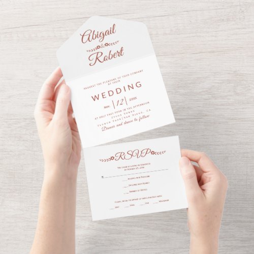 Modern terracotta typography on white wedding   all in one invitation