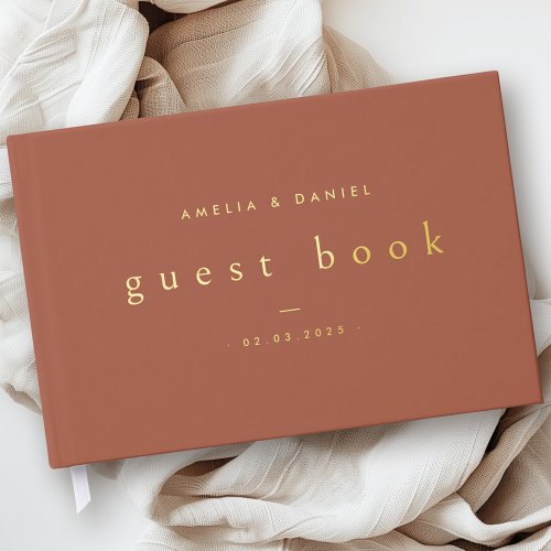 Modern terracotta wedding names and date real foil foil guest book 