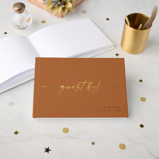 Modern TerraCotta Wedding Photo Calligraphy Script Foil Guest Book