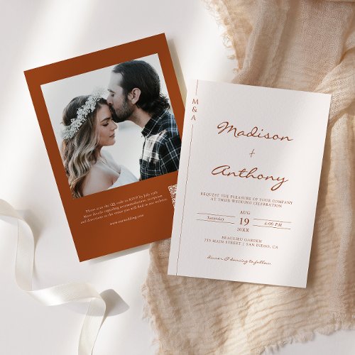 Modern Terracotta Wedding Photo QR Code  Invitation