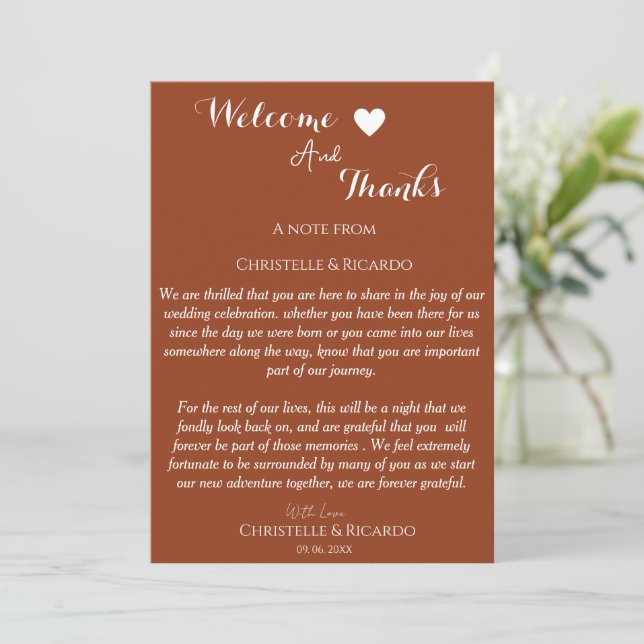 Modern terracotta  welcome and thank you wedding  (Standing Front)