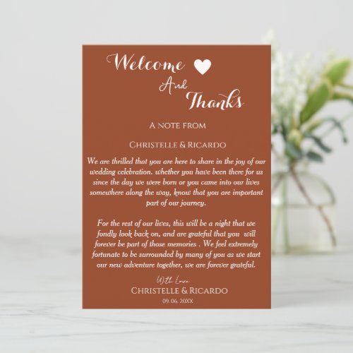 Modern terracotta welcome and thank you wedding card