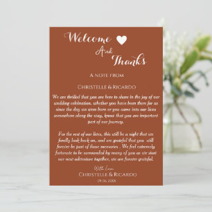 Modern terracotta welcome and thank you wedding card