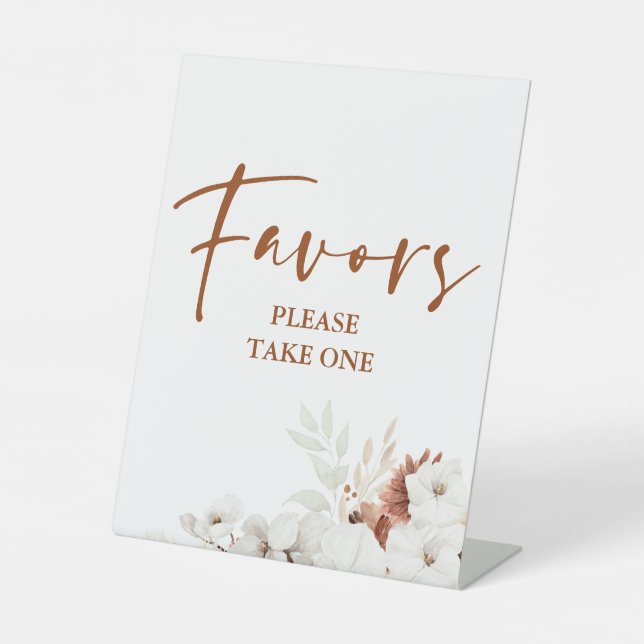 Modern Terracotta White Floral Boho Favors Pedestal Sign (Front)