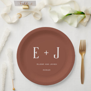 Modern Terracotta & White Monogram Wedding Party Paper Plates