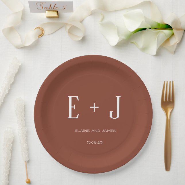 Modern Terracotta & White Monogram Wedding Party Paper Plates (Wedding)