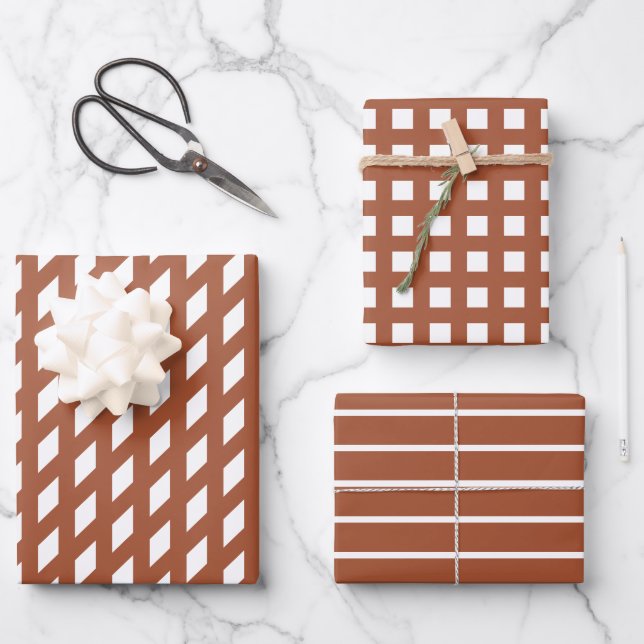 Modern terracotta white stripes plaid grid pattern wrapping paper sheets (Front)