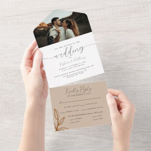 Modern Terracotta with Leaves Script Wedding All In One Invitation