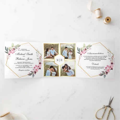 Modern Terrarium Pink Floral Photo Collage Wedding Tri_Fold Invitation