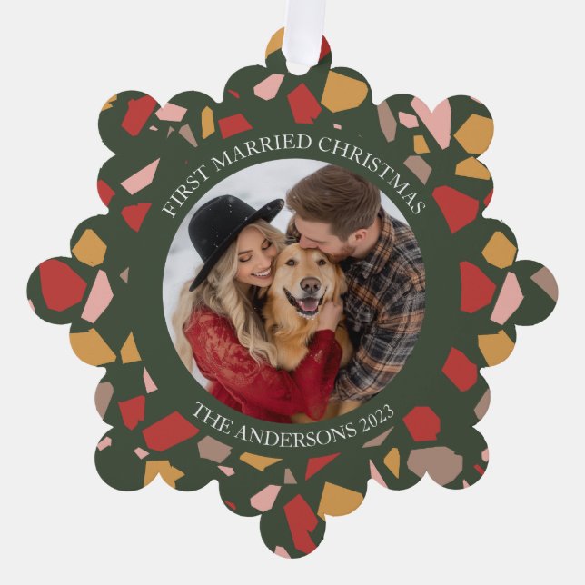 Modern Terrazzo First Married Christmas Ornament Card (Front)
