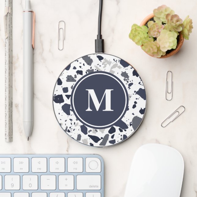 Modern Terrazzo Monogram Navy Blue  Wireless Charger (Desk)