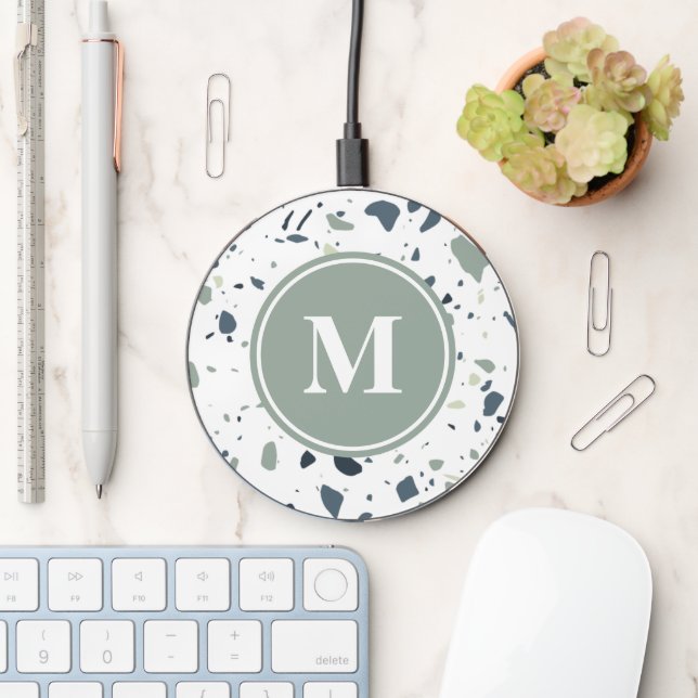 Modern Terrazzo Monogram Sage Green Wireless Charger (Desk)