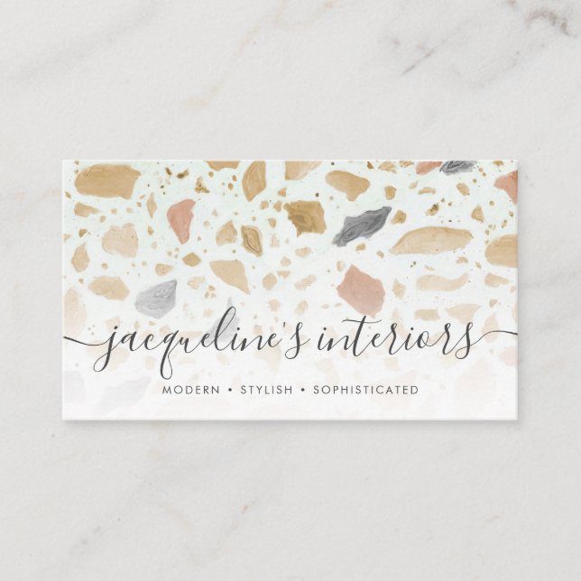 Modern Terrazzo Pattern Script Tan Rust Gray Retro Business Card (Front)