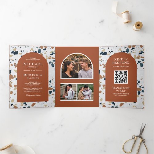 Modern Terrazzo Terracotta Arch QR Code Wedding Tri_Fold Invitation