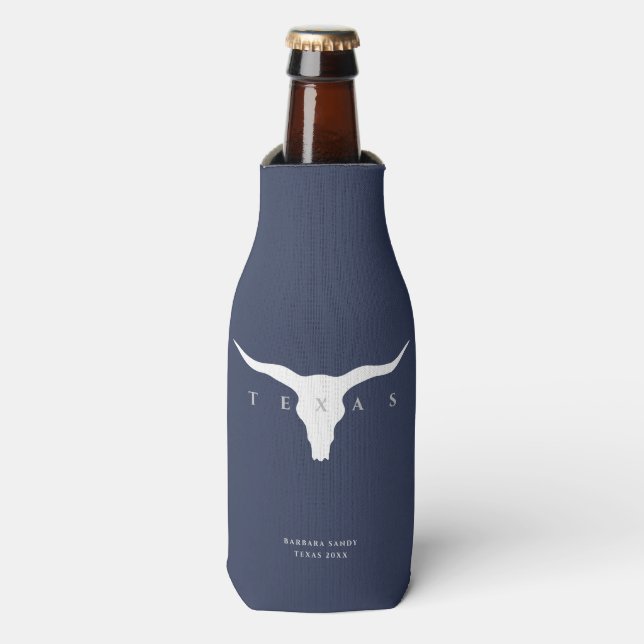 Modern Texas Longhorn Custom Name Blue Bottle Cooler (Bottle Front)