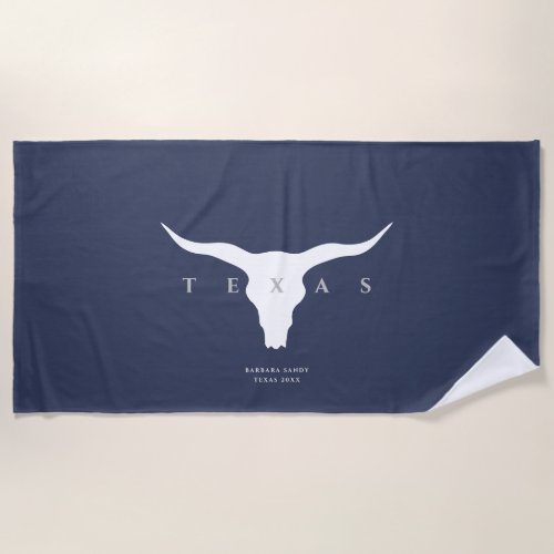 Modern Texas Longhorn Summer Custom Name Blue Beach Towel