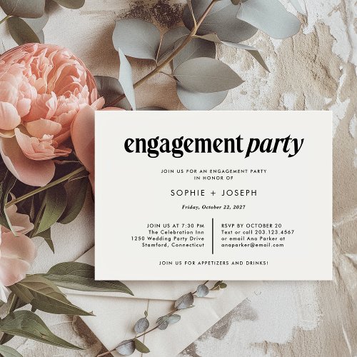 Modern Text  Black and White Engagement Party Invitation