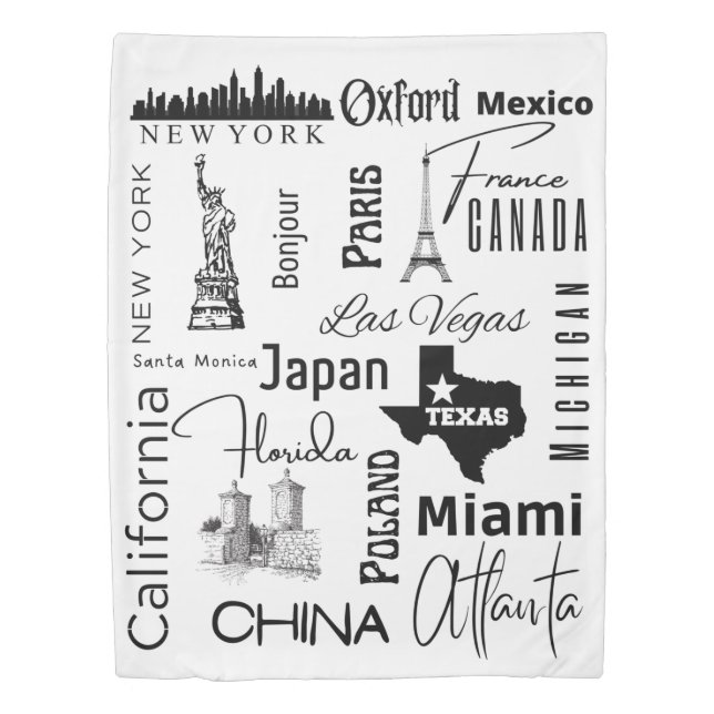 Modern text black and white image famouse cities duvet cover (Front)