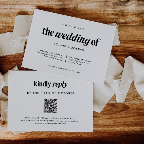 Modern Text  Black and White Wedding with QR Code Invitation