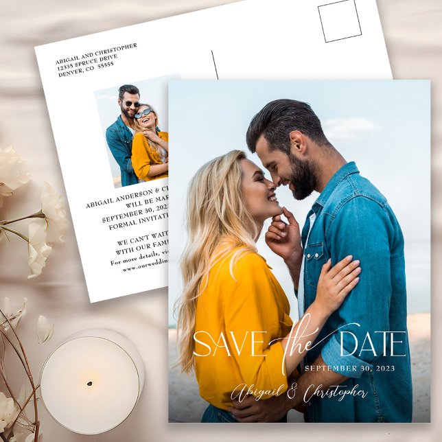 Modern Text Overlay Photo Save The Date Postcard (Creator Uploaded)