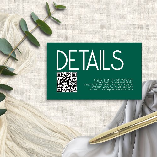 Modern Text QR Code Emerald Wedding Details Enclosure Card