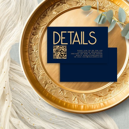 Modern Text QR Code Gold Navy Blue Wedding Details Enclosure Card