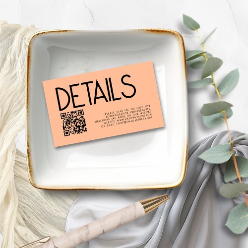 Modern Text QR Code Peach Wedding Details Enclosure Card